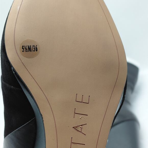 1.STATE Womens Wedge Boots Size 5.5 Black Leather Suede Pointed Toe Knee High - Picture 10 of 11